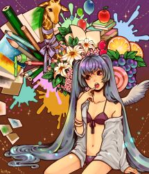  apple bad_id bad_pixiv_id balloon bikini bracelet cherry colored_pencil female finger_to_mouth flower food front-tie_top fruit giraffe grapes hatsune_miku head_tilt highres jewelry kittyo lily_(flower) long_hair navel off_shoulder open_mouth orange_(fruit) orange_slice paint paintbrush pencil sitting sleeves_pushed_up solo swimsuit twintails very_long_hair vocaloid wings 