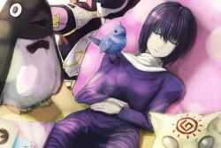  bird black_eyes black_hair commentary_request dress female lost_robin_rondo mahou_tsukai_no_yoru okitsune_(kitsunegako) penguin sleeping solo stuffed_animal stuffed_penguin stuffed_toy tweedledee_(alice_in_wonderland) tweedledum_(alice_in_wonderland) 