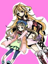  2girls bare_shoulders blue_eyes boots breasts brown_hair coat dress elbow_gloves elle_mel_martha frills gloves hat long_hair milla_maxwell multicolored_hair multiple_girls pink_background shoes skirt smile tales_of_(series) tales_of_xillia tales_of_xillia_2 