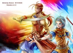  2boys ahoge amiti_(golden_sun) armor blue_eyes blue_hair bow_(weapon) commentary_request eoleo_(golden_sun) facial_hair golden_sun golden_sun:_dark_dawn headband long_hair male_focus multiple_boys photoshop_(medium) ponytail qgame red_eyes red_hair scimitar stubble sword vambraces weapon 