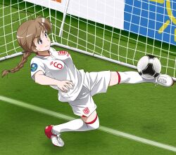  ball blue_eyes braid breasts brown_hair england euro_2012 female full_body goal john_terry long_hair lynette_bishop medium_breasts parody photo-referenced playing_sports single_braid soccer soccer_ball soccer_field soccer_uniform solo sportswear strike_witches sweatdrop tango_(soccer_ball) uniform world_witches_series youkan 