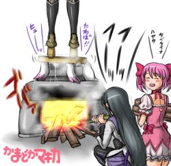  akemi_homura bad_id bad_pixiv_id cooking feet fire himeshima_koukichi kaname_madoka kyuubee mahou_shoujo_madoka_magica multiple_girls pantyhose pot stove tomoe_mami translated wood 