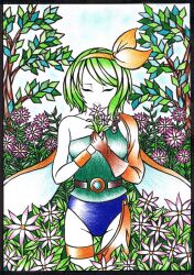  alternate_hairstyle asymmetrical_clothes asymmetrical_legwear bad_id bad_pixiv_id ballpoint_pen_(medium) blue_leotard closed_eyes colored_pencil_(medium) cosplay daiyousei dragon_quest dragon_quest_iv female field flower flower_field green_hair hair_ribbon hakkyou_seinen_dogura_magura heroine_(dq4) heroine_(dq4)_(cosplay) leotard mismatched_legwear ribbon smelling_flower solo touhou traditional_media tree wings 