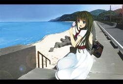  :d bag beach blue_eyes blue_sky boardwalk cloud commentary_request day dress female food from_side green_hair guard_rail handbag lens_flare letterboxed long_hair looking_at_viewer mountain ocean open_mouth original outdoors popsicle power_lines road sky smile solo tetrapod traffic_barrier unasaka_ryou utility_pole vanishing_point water white_dress 