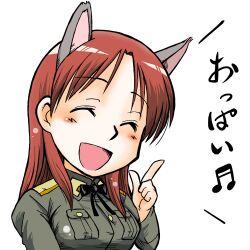  animal_ears blush closed_eyes female japanese military military_uniform minna-dietlinde_wilcke musical_note pointing red_hair ribbon simple_background smile strike_witches uniform wolf_ears 