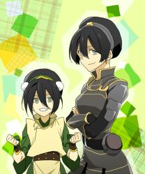  2girls aged_up armor avatar:_the_last_airbender avatar_legends black_hair blind catgirl0926 chinese_clothes commentary_request dual_persona green_eyes height_difference lolicon multiple_girls the_legend_of_korra time_paradox toph_bei_fong 