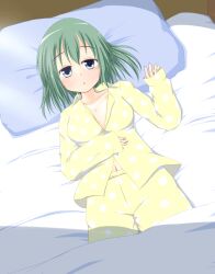  alternate_hairstyle bed blue_eyes breasts commentary_request daiyousei edamame_(barium) female green_hair highres lying medium_breasts navel no_wings on_back pajamas pillow solo touhou 