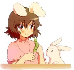  :t animal_ears bad_id bad_pixiv_id blush brown_hair eating female food furorida inaba_tewi mochi rabbit rabbit_ears red_eyes short_hair solo touhou wagashi 