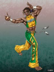  1boy abs baggy_pants barefoot belt brazil brown_hair capoeira clothes_writing crop_top dark-skinned_male dark_skin digital_media_player earbuds earphones eddy_gordo ipod ipod_nano male_focus muscular muscular_male official_art pants ponytail ringlets solo tekken tekken_tag_tournament_2 wristband yamashita_shun&#039;ya 