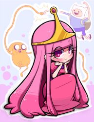  1boy adventure_time bad_id bad_pixiv_id blush canine dress elasticity female finn_the_human hat jake_the_dog long_hair pink_eyes pink_hair princess_bonnibel_bubblegum sakiko_(gekiama) stretched_limb tiara 