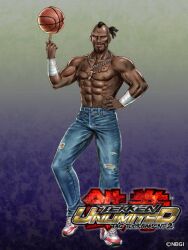  1boy abs ball basketball basketball_(object) bruce_irvin dark-skinned_male dark_skin denim facial_hair goatee hand_on_own_hip jeans jewelry male_focus mohawk muscular muscular_male necklace official_art pants shoes sneakers solo tattoo tekken tekken_tag_tournament_2 topless_male torn_clothes torn_jeans torn_pants yamashita_shun&#039;ya 