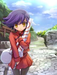  bad_id bad_pixiv_id bag black_pantyhose chinese_clothes cobblestone duffel_bag eeeeee female maken_x pantyhose path pavement pleated_skirt purple_hair road sagami_kei skirt solo yellow_eyes 