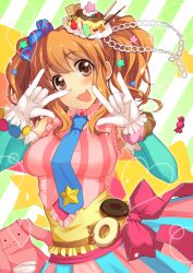  bow brown_eyes brown_hair commentary_request dress female food food-themed_clothes gloves hair_ornament hat heart highres idolmaster idolmaster_cinderella_girls jewelry kou_(garakuta_teikoku) moroboshi_kirari necklace photoshop_(medium) solo star_(symbol) star_hair_ornament sweets twintails 