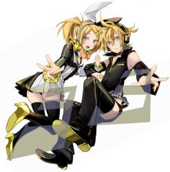  1boy alternate_costume alternate_hairstyle black_legwear blonde_hair blue_eyes choker commentary_request cropped_jacket dress expressionless eyewear_around_neck female gold_trim hair_ornament hair_ribbon hairclip hakui_(kotori1000) headphones headphones_around_neck high_heels kagamine_len kagamine_rin looking_at_viewer open_mouth outstretched_arms pleated_dress project_diva_(series) project_diva_2nd punkish_(module) reactor_(module) ribbon roshin_yuukai_(vocaloid) shoe_soles short_hair thighhighs twintails vocaloid zettai_ryouiki 