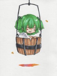  blush bucket closed_eyes commentary_request female green_hair hair_bobbles hair_ornament in_bucket in_container kisume ponpoko short_hair smile solo touhou twintails wooden_bucket 