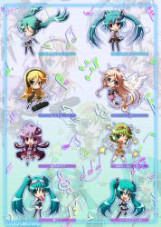  5girls ahoge bad_id bad_pixiv_id chibi closed_eyes detached_sleeves floating_hair food goggles goggles_on_head green_hair gumi hatsune_miku hatsune_miku_(append) headphones ia_(vocaloid) kickboard lily_(vocaloid) long_hair microphone multiple_girls musical_note necktie one_eye_closed open_mouth photoshop_(medium) popsicle skirt soutou star_(symbol) swimsuit tell_your_world_(vocaloid) thighhighs tongue translated twintails very_long_hair vocaloid vocaloid_append voiceroid watermelon_bar wings yuzuki_yukari zoom_layer 