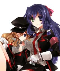  2girls alternate_costume alternate_outfit aoi_kimi asama_tomo blue_hair breasts brown_hair gloves green_eyes heterochromia kyoukai_senjou_no_horizon kyoukaisenjou_no_horizon large_breasts multiple_girls purple_eyes red_eyes tsuka_(raikousama) 