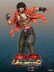  1boy abs belt black_hair bracelet buckle dark-skinned_male dark_skin facial_hair fingerless_gloves gloves jewelry male_focus miguel_caballero_rojo muscular muscular_male necklace official_art open_clothes open_shirt shirt solo stubble tekken tekken_tag_tournament_2 topless_male yamashita_shun&#039;ya 