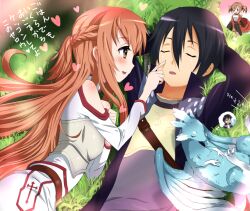  1boy asuna_(sao) black_hair brown_eyes brown_hair closed_eyes commentary_request couple female half_updo heart kirito mushi_gyouza open_mouth pina_(sao) short_twintails silica sleeping straight sword_art_online twintails 