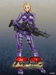  assault_rifle blonde_hair bodysuit breasts contrapposto female gloves grenade_launcher gun large_breasts logo long_hair nina_williams official_art ponytail rifle solo standing tekken tekken_tag_tournament_2 trigger_discipline underbarrel_grenade_launcher weapon yamashita_shun&#039;ya 