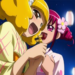  2girls blonde_hair haruyama_kazunori hoshizora_miyuki japanese_clothes kimono multiple_girls pink_hair precure short_hair smile_precure yayoi_kise yukata 