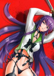  absurdres arms_up black_gloves black_panties black_thighhighs blue_eyes breasts busujima_saeko cleavage collar female garter_belt gloves groin highres highschool_of_the_dead katana lips long_hair lying medium_breasts navel no_pants on_back open_mouth panties photoshop_(medium) purple_hair sailor_collar satou_shouji scan school_uniform side-tie_panties solo string_panties sword thighhighs underwear weapon 