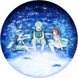  2boys aladdin_(magi) ali_baba_saluja barefoot bird blonde_hair blue_eyes blue_hair braid commentary_request dress female flower fushitasu magi_the_labyrinth_of_magic morgiana multiple_boys one_side_up red_eyes red_hair sitting soaking_feet water 