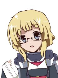  adele_balfetto blonde_hair blue_eyes bodysuit female female glasses highres kyoukai_senjou_no_horizon kyoukaisenjou_no_horizon simple_background solo 