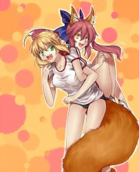  2girls absurdres ahoge animal_ears back-to-back bad_link blonde_hair bow braid breasts buruma fate/extra fate_(series) fox_ears fox_girl fox_tail french_braid green_eyes gym_uniform hair_bun hair_ribbon hairbow highres leg_lift locked_arms long_hair medium_breasts multiple_girls nero_claudius_(fate) nero_claudius_(fate/extra) oerba_yun_fang open_mouth pink_hair ribbon single_hair_bun slit_pupils tail tamamo_(fate) tamamo_no_mae_(fate/extra) tusia yellow_eyes 