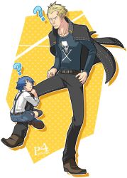  1boy ? age_difference aged_down androgynous bad_id bad_pixiv_id blonde_hair blue_hair bullet bullet_necklace choumoku_(toriko_b_c) ear_piercing female jacket jacket_on_shoulders jewelry jolly_roger necklace persona persona_4 photoshop_(medium) piercing reverse_trap scar shirogane_naoto short_hair standing suspenders tatsumi_kanji 