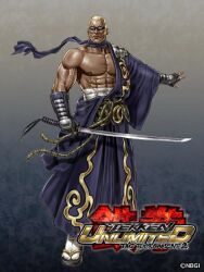  1boy abs alternate_costume dark-skinned_male dark_skin fingerless_gloves geta gloves hakama hakama_skirt japanese_clothes katana male_focus muscular muscular_male off_shoulder official_art raven_(tekken) samurai sarashi scar scarf skirt solo sunglasses sword tabi tekken tekken_tag_tournament_2 weapon yamashita_shun&#039;ya 