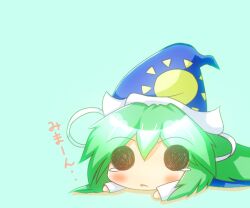  blush chibi commentary_request female green_hair hat long_hair mima_(touhou) noiz simple_background solid_circle_eyes solo tears touhou touhou_(pc-98) translated wizard_hat 