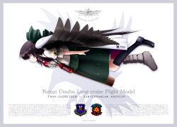  ace_combat arm_cannon black_hair black_socks blouse boots bow cape commentary_request female flying from_side green_bow green_skirt hairbow insignia long_hair photoshop_(medium) red_eyes reiuji_utsuho shirt shoes skirt socks solo subterranean_animism thermos third_eye touhou tsubasa_(abchipika) weapon wings 