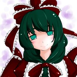  aqua_eyes blush bow closed_mouth commentary_request female frills front_ponytail green_hair hair_ornament hair_ribbon hairbow hakano_shinshi kagiyama_hina long_hair looking_at_viewer portrait ribbon smile solo touhou 