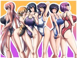  6+girls :d adapted_costume arm_behind_head arm_up armpits ass ass_visible_through_thighs back black_hair black_one-piece_swimsuit blue_eyes blue_hair blue_one-piece_swimsuit blush bob_cut border breast_hold breasts chestnut_mouth cleavage closed_mouth collarbone commentary_request company_connection competition_swimsuit covered_navel covered_nipples crossover dark-skinned_female dark_skin deep_skin embarrassed flipped_hair from_behind from_side grabbing_own_breast gradient_background green_eyes grin groin hair_between_eyes hand_on_another&#039;s_shoulder hand_on_own_hip hands_on_own_chest head_tilt highleg highleg_swimsuit highres hug huge_breasts igawa_asagi igawa_sakura ingrid_(taimanin_murasaki) kangoku_senkan kneepits large_breasts leaning_forward legs legs_apart lieri_bishop lilith-soft lineup long_hair long_legs looking_back low_twintails multiple_girls naomi_evans naughty_face nose_blush oboro_(taimanin_asagi) one-piece_swimsuit one_eye_closed open_mouth orange_background orange_eyes orange_hair outline outside_border own_hands_together parted_lips pink_hair pose profile purple_background purple_hair purple_one-piece_swimsuit red_eyes red_one-piece_swimsuit short_hair siblings sideboob sidelocks sisters slim_legs smile standing swimsuit taimanin_(series) taimanin_asagi taimanin_murasaki taro taut_clothes taut_swimsuit thigh_gap thigh_grab twintails two_side_up v_arms very_long_hair white_one-piece_swimsuit 