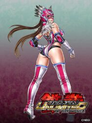  alternate_costume ass black_panties boots breasts brown_hair elbow_gloves elbow_pads female fingerless_gloves from_behind gloves jaycee_(tekken) julia_chang leotard long_hair looking_back mask medium_breasts official_art panties solo tekken tekken_tag_tournament_2 thigh_boots thighhighs underwear wrestling_outfit yamashita_shun&#039;ya 