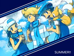  2boys bad_id bad_pixiv_id barry_(pokemon) beanie beret blonde_hair blue_background blush buizel carrying cloud dawn_(pokemon) eating english_text female food hat ice_cream lucas_(pokemon) multiple_boys open_mouth pokemon pokemon_(creature) pokemon_dppt popsicle scarf shirt sky skyloop19 smile striped_clothes striped_shirt summer sweatdrop 