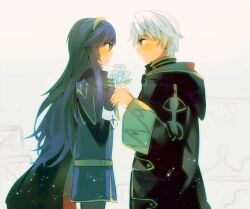  1boy ameno_(a_meno0) bad_id bad_pixiv_id blue_hair blush cape cloak couple elbow_gloves female fingerless_gloves fire_emblem fire_emblem_awakening flower gloves grey_eyes hairband hood hood_down long_hair lucina_(fire_emblem) photoshop_(medium) robin_(fire_emblem) robin_(male)_(fire_emblem) smile straight wrist_cuffs 