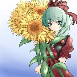  aqua_eyes aqua_hair arm_ribbon bow commentary_request female flower gradient_background hair_ornament hair_ribbon hairbow hakano_shinshi holding kagiyama_hina long_hair looking_at_viewer ribbon short_sleeves smile solo sunflower touhou 