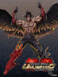  1boy abs belt black_hair boots chains devil_jin feathers gloves horns kazama_jin male_focus muscular muscular_male official_art pants solo tekken tekken_tag_tournament_2 topless_male torn_clothes torn_pants wings yamashita_shun&#039;ya 