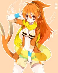  bikini bikini_top_only breasts brown_eyes brown_hair buizel commentary_request cowboy_shot creature_and_personification facial_mark female highres innertube long_hair looking_at_viewer medium_breasts multiple_tails orange_hair orange_tail personification pokedex_number pokemon ponytail scarf shorts smile solo striped_bikini striped_clothes swim_ring swimsuit tail takeshima_eku yellow_scarf yellow_shorts 