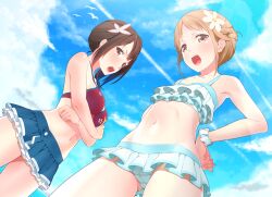  2girls alternate_hairstyle ama_mitsuki bare_shoulders bikini blonde_hair blue_sky breasts brown_hair cameltoe cloud commentary_request crossed_arms day dutch_angle flat_chest flower frilled_bikini frills from_below hair_flower hair_ornament hand_on_own_hip looking_down miyamoto_konatsu multiple_girls navel okita_sawa open_mouth outdoors pink_flower scrunchie skirt sky sunlight swimsuit tari_tari white_flower wrist_scrunchie 