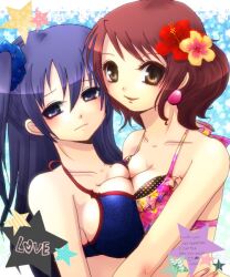  2girls 793_(oo793oo) bad_id bad_pixiv_id bare_shoulders bikini blue_hair breast_press breasts cleavage earrings flower hibiscus jewelry kujikawa_rise large_breasts long_hair looking_at_viewer multiple_girls persona persona_4 red_hair shirogane_naoto swimsuit symmetrical_docking wavy_hair 