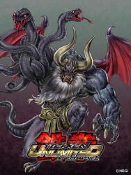  bat_wings beard claws facial_hair fangs glowing glowing_eyes horns monster muscular no_humans official_art ogre_(tekken) snake snake_tail solo tail tekken tekken_tag_tournament_2 true_ogre white_hair wings yamashita_shun&#039;ya 