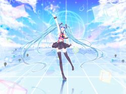  ahoge aqua_eyes aqua_hair bad_id bad_pixiv_id binary boots cloud commentary_request female hatsune_miku long_hair mokoppe musical_note necktie open_mouth skirt sky smile solo sparkle tell_your_world_(vocaloid) thigh_boots thighhighs twintails very_long_hair vocaloid zettai_ryouiki 