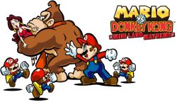  2boys angry blue_eyes brown_hair clothes donkey_kong dress facial_hair female logo mario mario_(series) mario_vs_donkey_kong mini_mario moustache multiple_boys necktie nintendo official_art original overalls pauline plain_background super_mario_bros. suspenders tie toy toys white_background 