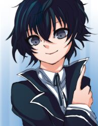  androgynous bad_id bad_pixiv_id detective female hair_between_eyes huumachii looking_at_viewer persona persona_4 photoshop_(medium) shirogane_naoto smile solo wavy_hair 