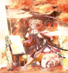  ;d acorn anklet art_brush bad_id bad_pixiv_id barefoot belt blonde_hair brown_eyes capri_pants detached_sleeves easel feet female highres jewelry katana lantern leaf maple_leaf mushroom one_eye_closed open_mouth original paintbrush pants pinecone sakuragi_ren scabbard scarf sheath sheathed short_hair sitting smile solo squirrel sword tree weapon 