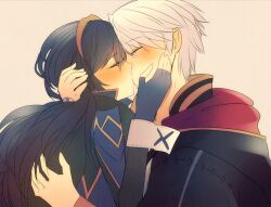  1boy ameno_(a_meno0) bad_id bad_pixiv_id blue_hair blush cape closed_eyes couple elbow_gloves female fingerless_gloves fire_emblem fire_emblem_awakening gloves hand_on_another&#039;s_face hand_on_another&#039;s_head hug kissing long_hair lucina_(fire_emblem) robin_(fire_emblem) robin_(male)_(fire_emblem) straight 