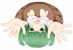  bucket commentary_request female green_eyes green_hair hair_bobbles hair_ornament in_bucket in_container kisume oni_tofu open_mouth outstretched_arms short_hair smile solo touhou twintails white_background 